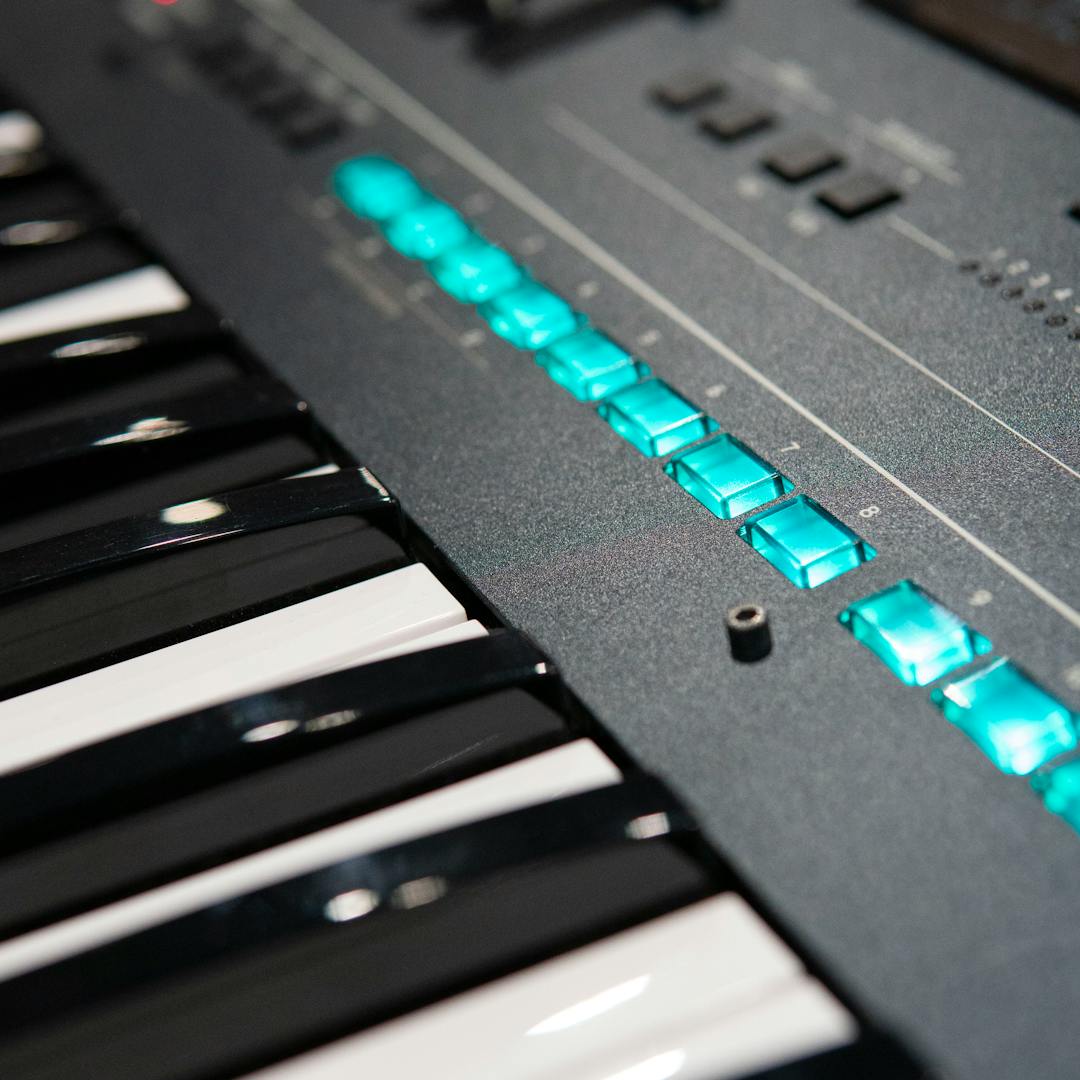 modern synthesizer keyboard with illuminated controls