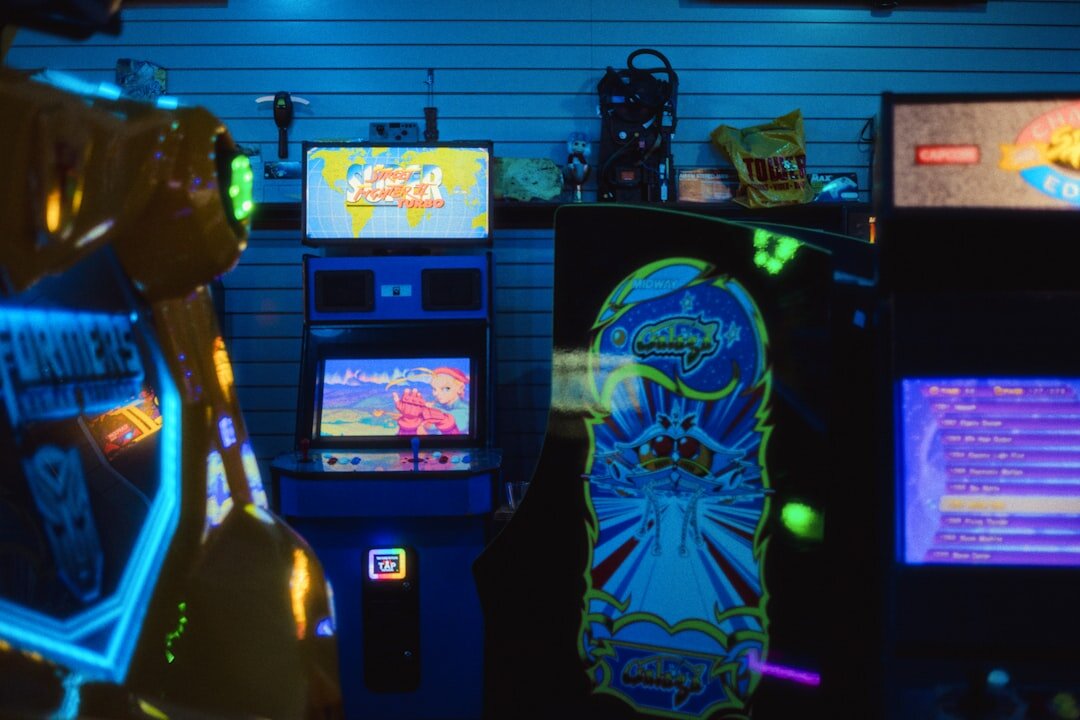 Retro gaming room with neon lights and classic arcade machines
