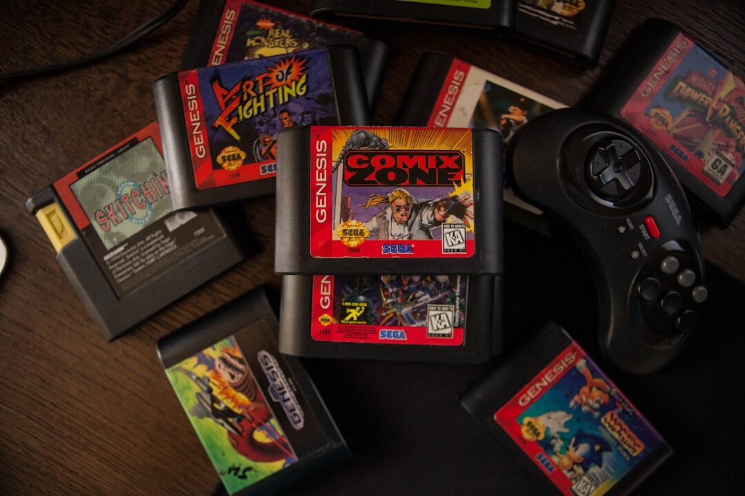 Retro gaming shelf with classic cartridges and consoles neatly arranged