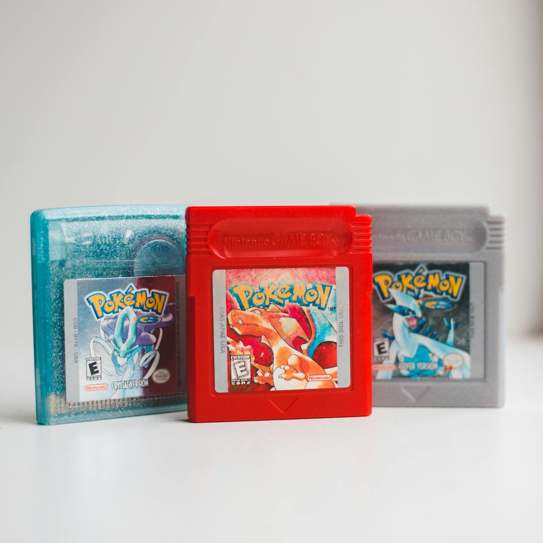 classic Pokemon game cartridges in studio setting