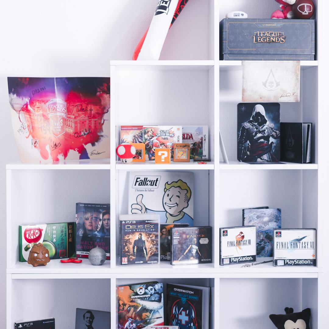 shelf of colourful retro gaming merchandise and boxes