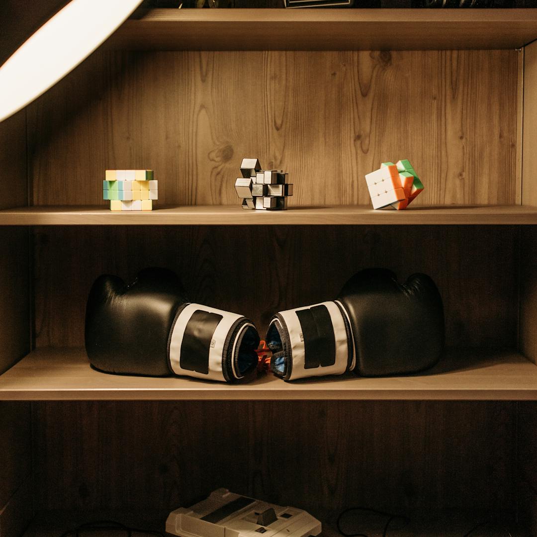 wooden shelves with mixed retro items