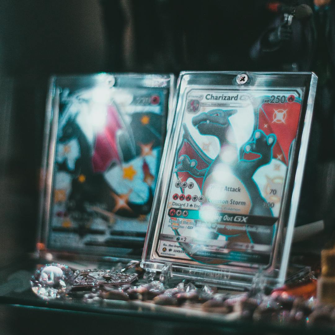 display case with collectible cards